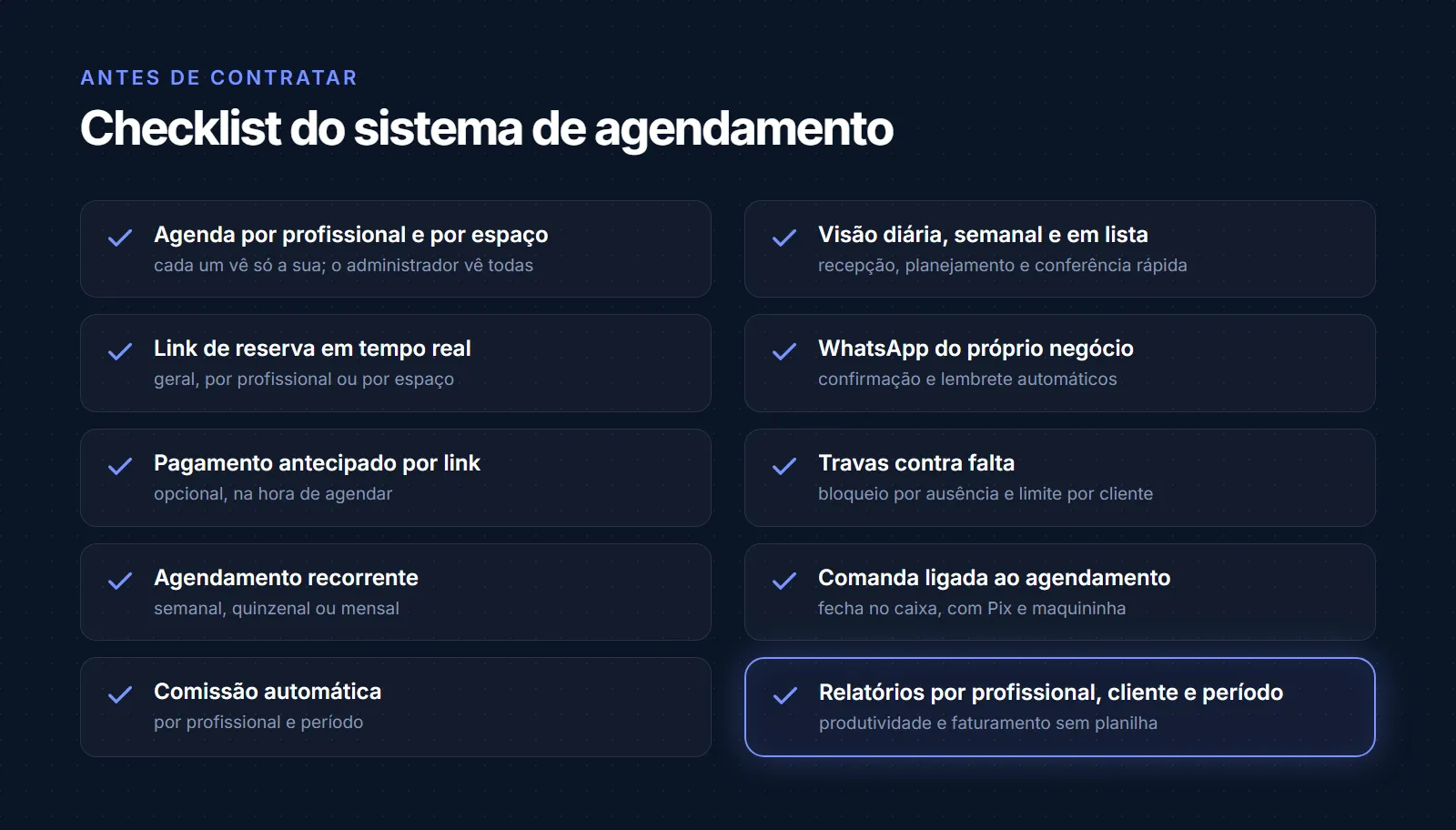 Checklist para escolher um sistema de agendamento: agenda por profissional e por espaço, visão diária, semanal e em lista, link de reserva com horários em tempo real, confirmação e lembrete pelo WhatsApp do próprio negócio, pagamento antecipado por link, bloqueio por falta e limite por cliente, agendamento recorrente, comanda ligada ao agendamento e caixa, comissão automática por profissional e relatórios por profissional, cliente e período