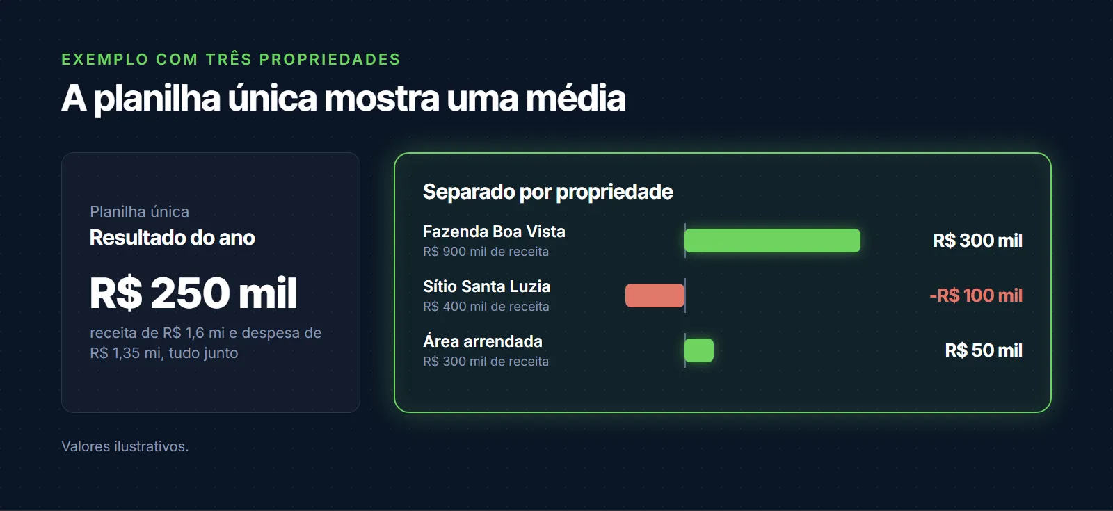 Exemplo com três propriedades: na planilha única o resultado é de R$ 250 mil positivos; separado por propriedade, a Fazenda Boa Vista tem R$ 300 mil, o Sítio Santa Luzia tem R$ 100 mil negativos e a área arrendada tem R$ 50 mil