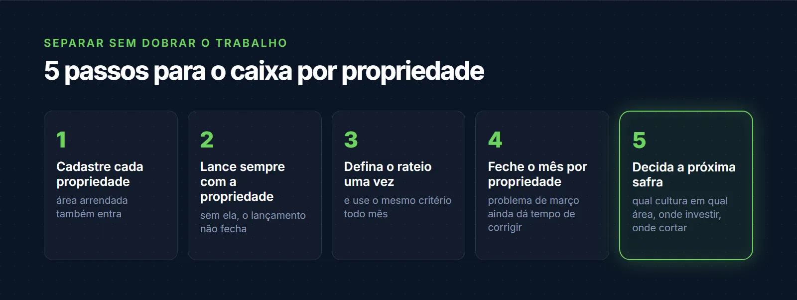 Roteiro em 5 passos para separar o caixa por propriedade: cadastrar cada propriedade, lançar sempre com a propriedade, definir o critério de rateio, fechar o mês por propriedade e usar o resultado para decidir a próxima safra
