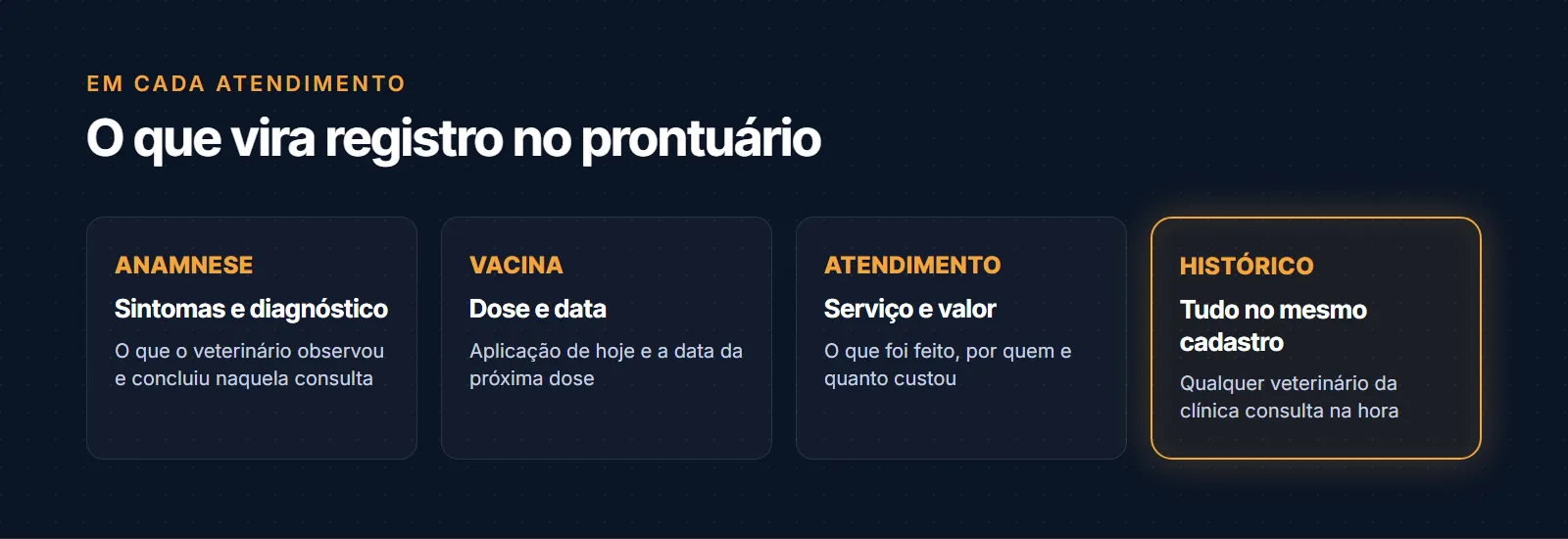 O que vira registro no prontuário: anamnese com sintomas e diagnóstico, vacina com dose e data, atendimento com serviço e valor, e histórico reunindo tudo no mesmo cadastro para qualquer veterinário consultar