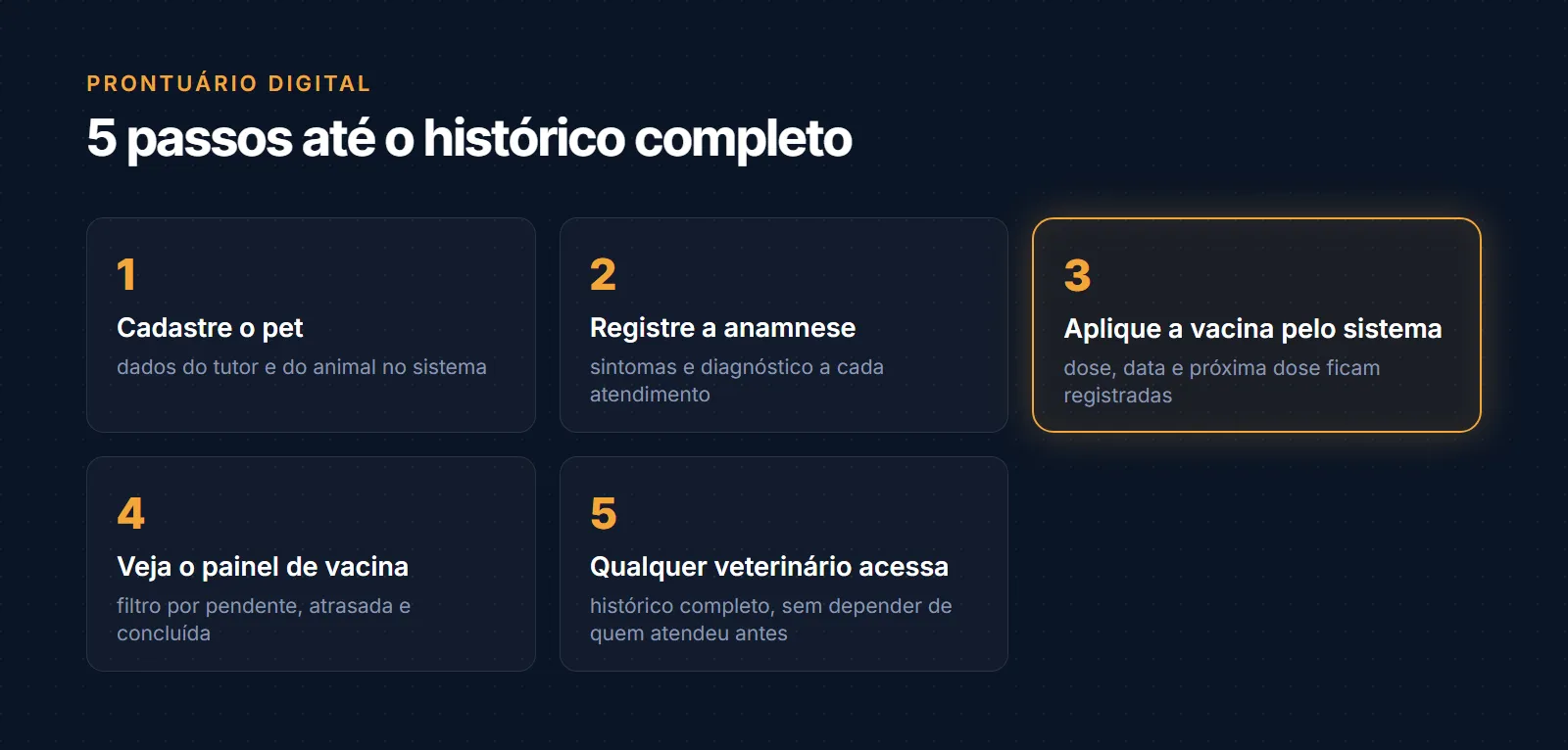 5 passos até o histórico completo: cadastrar o pet com dados do tutor e do animal, registrar a anamnese a cada atendimento, aplicar a vacina pelo sistema com dose e data registradas, ver o painel de vacina filtrado por pendente atrasada e concluída, e qualquer veterinário acessa o histórico completo sem depender de quem atendeu antes